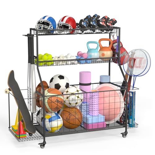 Sports Equipment Organizer, Garage Ball Storage Racks – Outdoor Toy Storage with 2 Side Racks & Removable Baskets, Heavy-Duty Garage Rolling Ball Cart with Wheels, Hooks for Sports Gear, Toys
