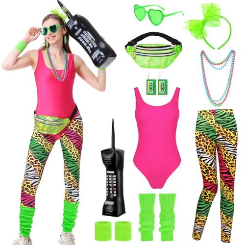IUTOYYE Jaren 80-outfit voor dames, retro trainingspak, kostuum, tanktop, artistieke leggings, beenwarmers, hoofdband, armbanden, bril, halsketting en oorbel voor carnaval, neon party, groen, XL