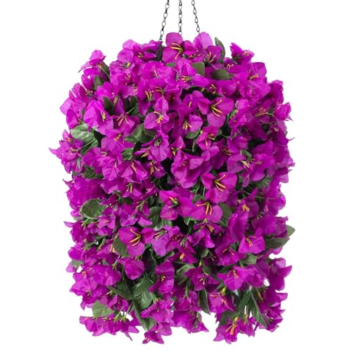 INSPRING Artificial Bougainvillea Faux Flowers Plants Baskets for Outdoor Outside Decoration, 3PCS Fake Silk Flowers Long Trailing Vines UV Resistant Realistic for Front Door Porch Patio (Purple)
