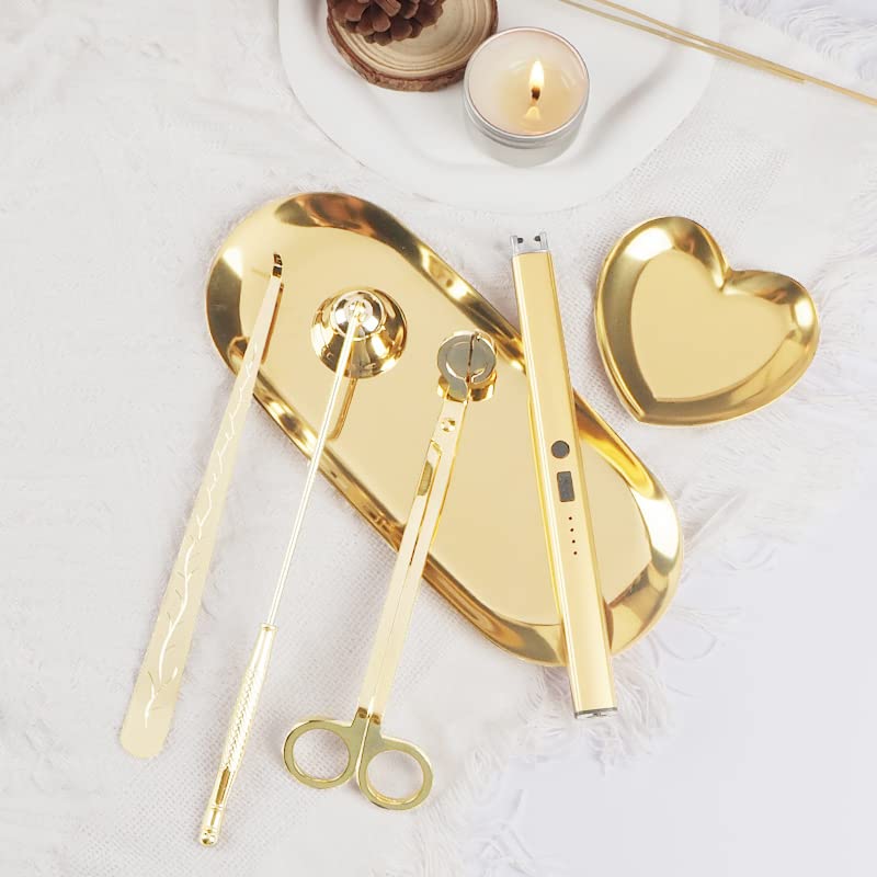 6 in 1 Candle Wick Trimmer Cutter,Candle Lighter Rechargeable, Candle Snuffer Extinguisher, Candle Wick Dipper, Candle Care Kit?Candle Accessory Set with Storage Tray Plate for Candle Lover (Gold-01)