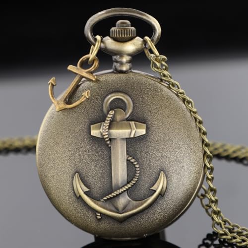 Image of Tiong Pocket Watch Anchor Pattern Design Roman Numerals Quartz with Chain Birthday Gifts