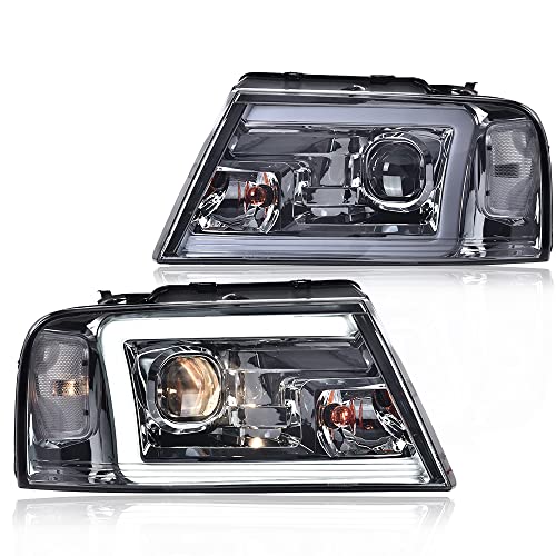 Image of GRAND ORANGE LED DRL Headlights Assembly Compatible with 2006-2008 Lincoln Mark Bumper Headlamp /Fits Ford F150 2004-2008 （Halogen Smoke Lens Chrome Houing Clear Reflector） 7L3Z13008FA 7L3Z13008CA