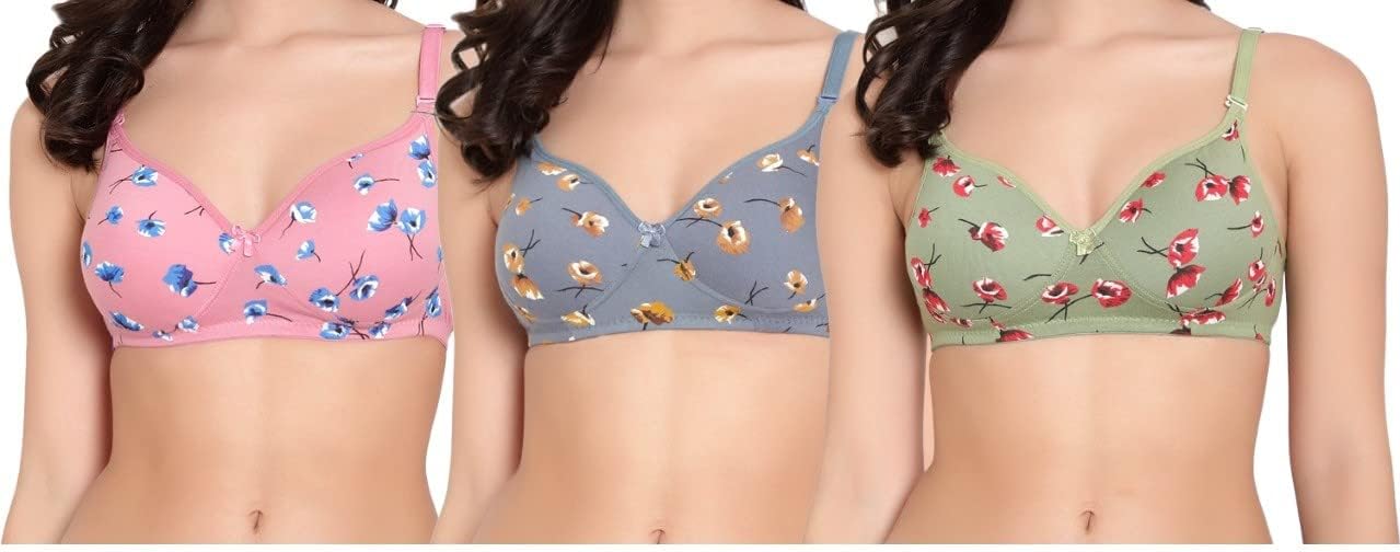 Women's Cotton Blend Lightly Soft Padded Non Wired Regular Multi-Color Printed Bra Set of 3 Multi- Color || Pack of 3 || Model-FPB-002 || MQ01