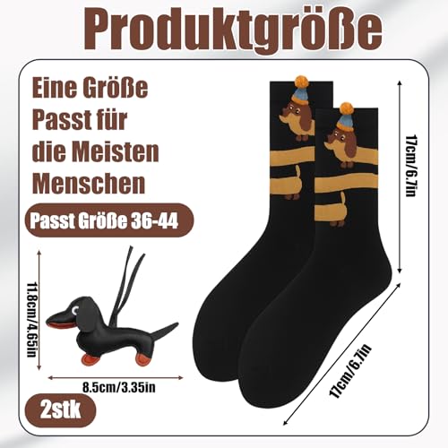 Yuwnd 2 Doppel Dackel Socken Damen 39-42 und 2 Stück Dackel Anhänger, Dackel Schlüsselanhänger für Tierliebhaber, Schlüsselanhänger Dackel Lustige Geschenke für Frauen Männer