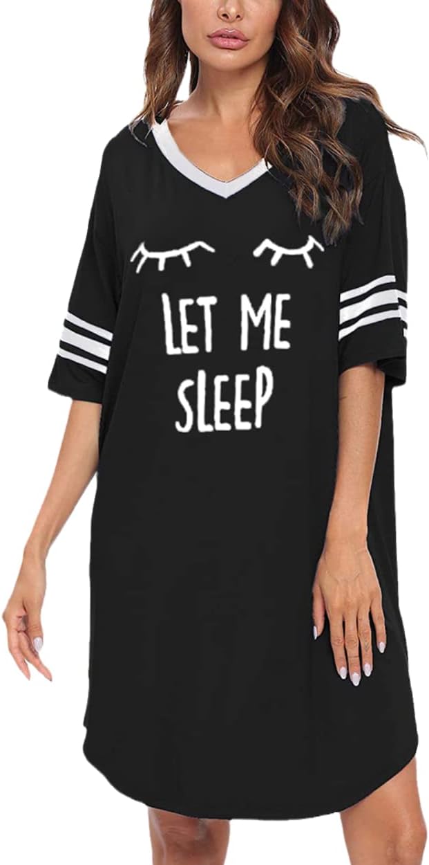 KAMONG Sleep Shirts for Women Short Sleeve Cotton Novelty Night Shirts V Neck Oversized Nightgowns Cute Printed Nightdress - Image 3