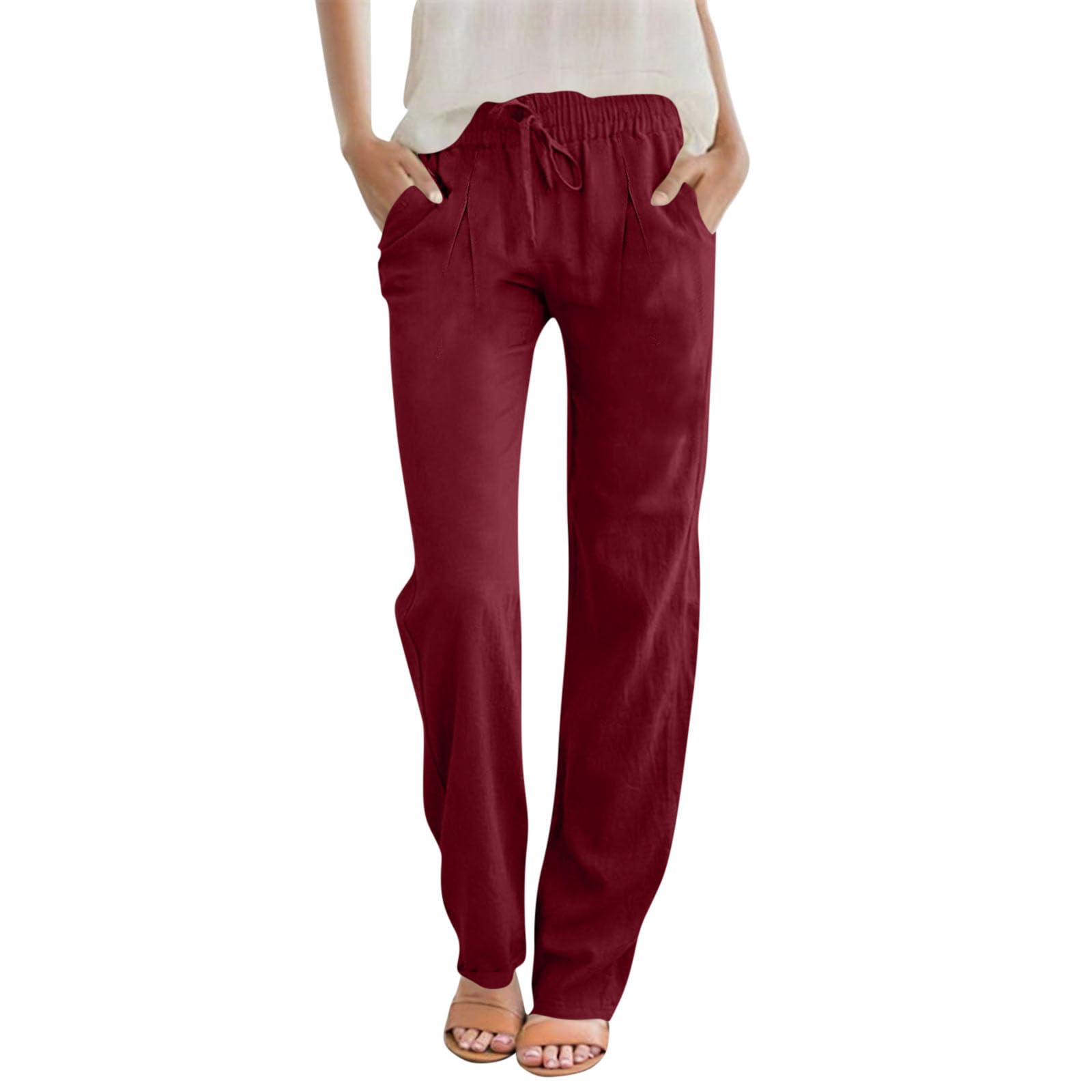 LRMQS Summer Cotton Linen Pants for Women 2026 Casual Drawstring Elastic Waist Trendy Trousers with Pockets Beach Clothes
