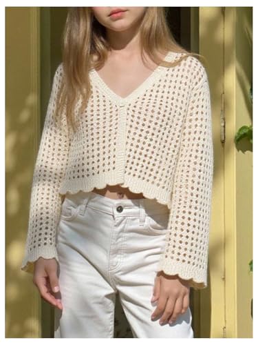 Floerns Girl's Crochet V Neck Cardigan Scallop Trim Bell Sleeve Lightweight Crop Sweaters3