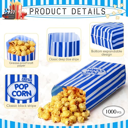 Image of Sherr 1000 Pcs 2oz Blue Popcorn Bags Bulk Retro Stripes Disposable Popcorn Bags for Circus Carnival Party Favors Movie Nights Birthday Party Event Supplies Machine Accessories