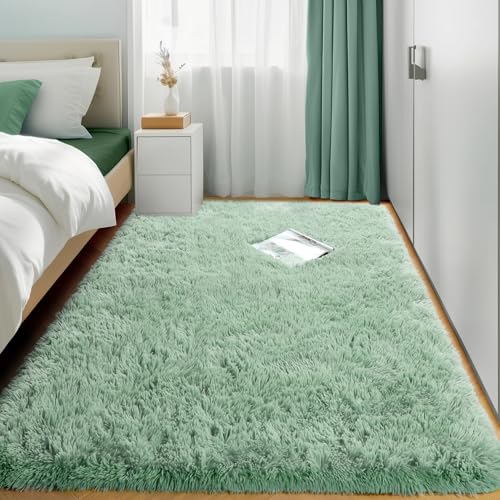 Sage Green Rugs for Bedroom Living Room Aesthetic, Fluffy Furry Area Rug 5x8 for Nursery, Classroom, Teen Boys, Baby Kids Room Decor, Cute Shaggy Carpet for Playroom Dorm, Fuzzy Plush Light Mint Rug