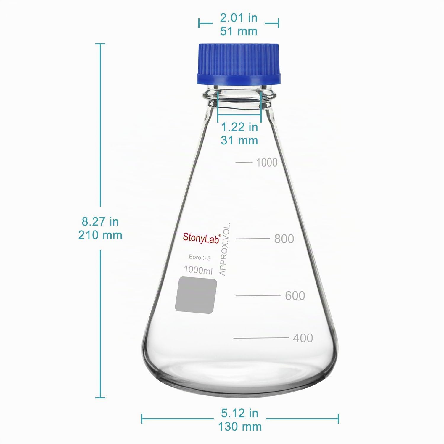 stonylab Fiole Erlenmeyer avec Bouchon à Vis Bleu, Graduée, en Verre Borosilicaté pour Laboratoire, 1000 ml