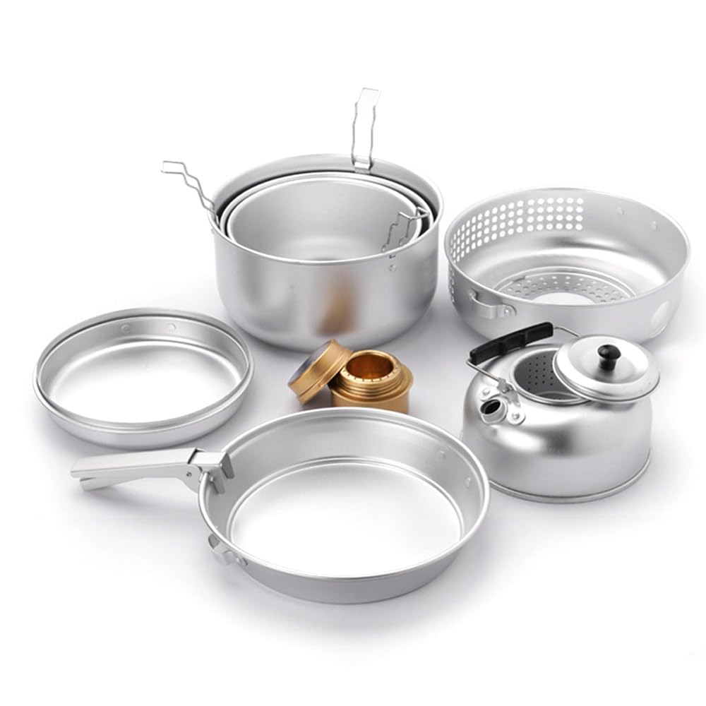 Wakects Kempingowy Zestaw Naczynia Kuchennego, Aluminium Aluminiowe Kempingowe Garnki i Patelnie Ustawione z bazą kuchenną do Pikników na Zewnątrz