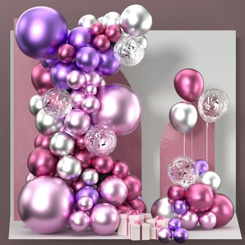 Image of PartyWoo Pink and Purple Balloon Garland, 100 pcs Balloons Different Sizes Pack of 18 Inch 12 Inch 10 Inch 5 Inch Pink Purple Red Silver Metallic Balloons for Birthday Decorations, Party Decorations
