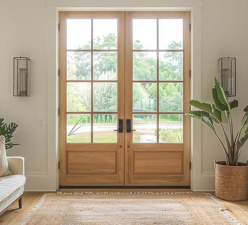 Image of Kwikset Caerus French Double Entry Door and Dummy Handleset Bundle, Satin Nickel, Exterior with Interior Reversible Handle, SmartKey Re-Key Security, with KwikSlide Technology