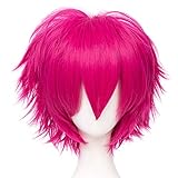 LABEAUTÉ Max Beauty Anime Short Rose Pink Cosplay Wig With Bangs Unisex Fluffy Heat Resistant Hair for Party Halloween + Free Cap