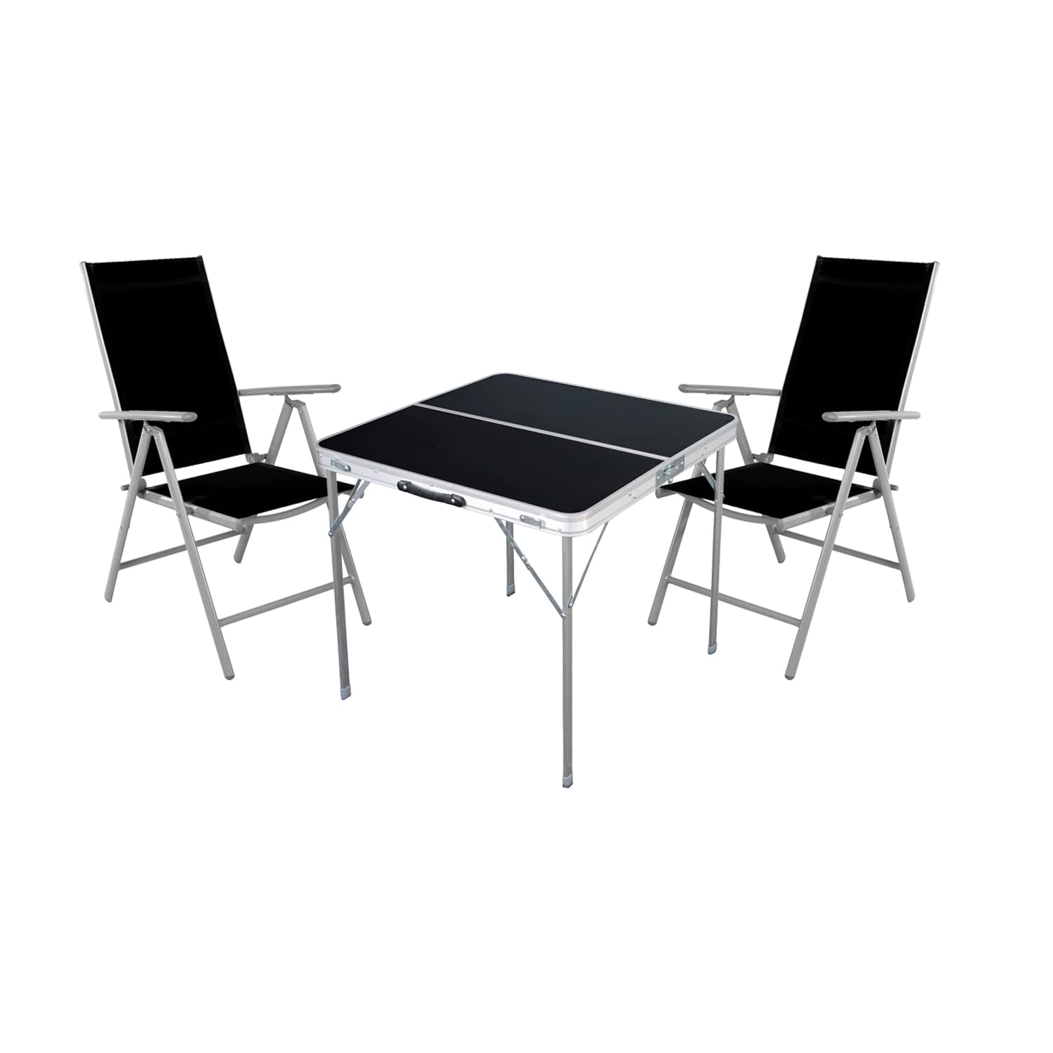 3tlg. Campingmöbel Set Alu Camping L80xB80xH70cm 1x Campingtisch schwarz mit Tragegriff + 2 Klappstühle Aluminium Textilen schwarz
