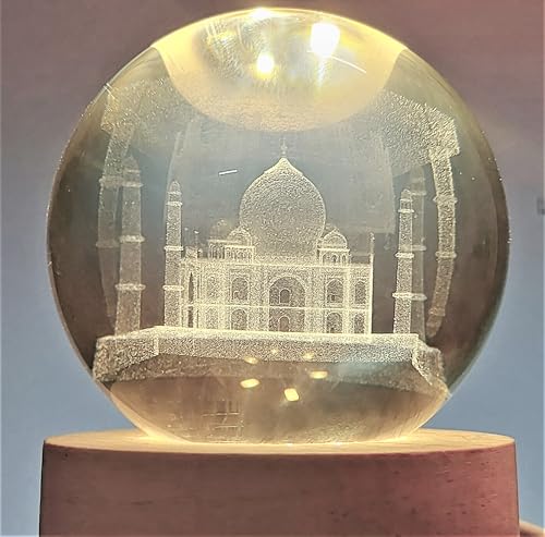 Image of 3D Taj Mahal LED Crystal Ball USB Night Light, 6 Cm Glass Ball Night Lamp With Woodern Base, Decorations Gifts For Men & Women Meditation Or Relaxation