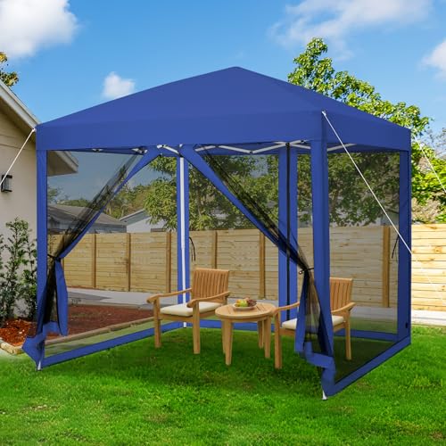 10X10 Ft Pop-Up Gazebo Screen Tent, Outdoor Canopy Shelter with 4-Sided Height-Adjustable, Mosquito Proof Netting & Carry Bag with Wheels for Patio, Lawn, Camping
