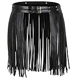 KKmeter Women's Faux Leather Waistband Fringe Tassel Skirt Hippie Boho High Waist Adjustable Double