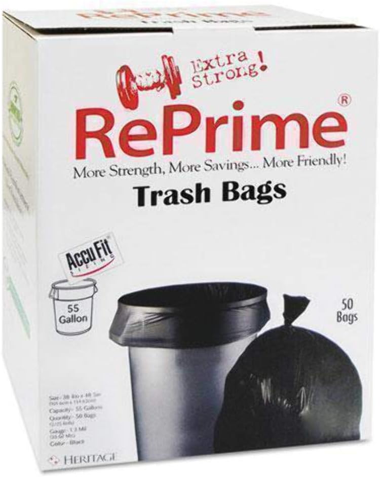 RePrime H8053PKRC1 Can Liners, 55gal, 1.3mil, Black, 40-Inch x 53-Inch, 50/Box