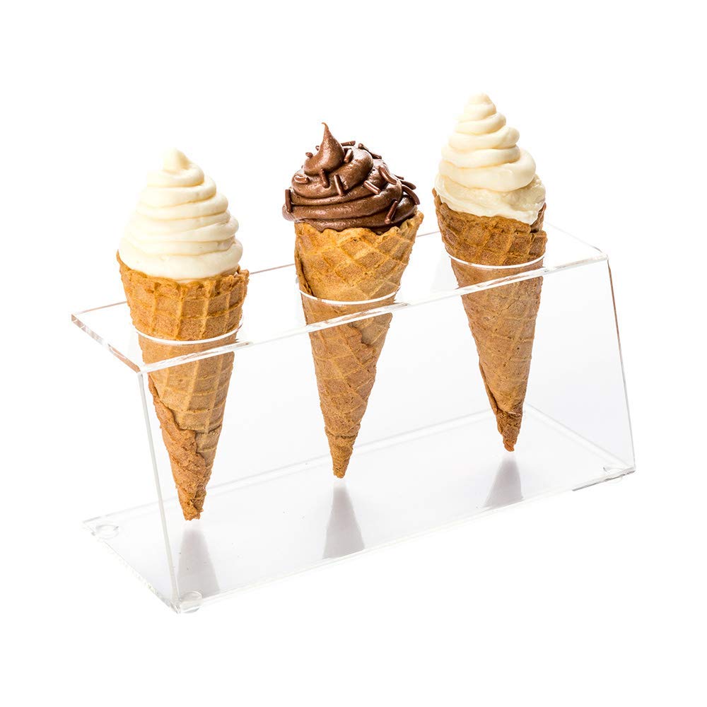 Narayan LNT Clear Tek Clear Acrylic Ice Cream Cone Holder - 3 Slots - 7" x 2 3/4" x 3 1/4" - 1 Count Box
