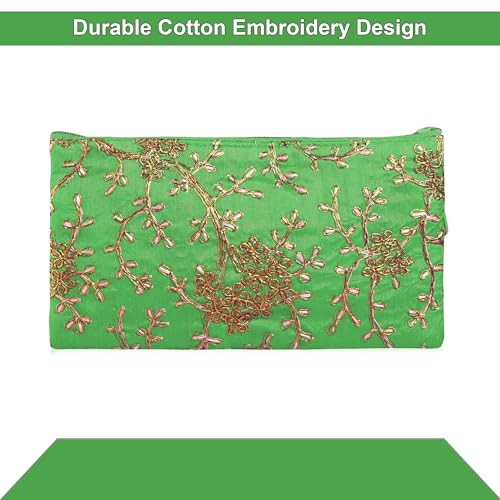 Image of Kuber Industries 2 Pcs Polyester Hand Purse for Woman with Zip | Lightweight & Compact Ladies Purse /Wallet for Travelling, Party, Wedding & Events | Embroidery Design - Green