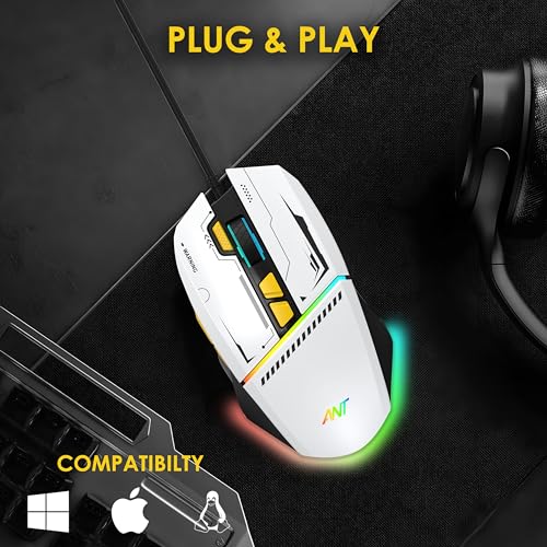 Image of Ant Ghost 50 RGB Gaming Mouse with12800 DPI Wired Optical Gamer Mouse with 8 Programmable Buttons & Software Support DIY Key Binding Fast Fire Button 1KHz Polling Rate - White