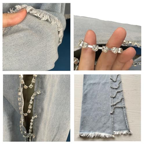 High Waisted Jeans for Women Straight Leg Ripped Rhinestone Sexy Side Slit Cut Out Jeans2