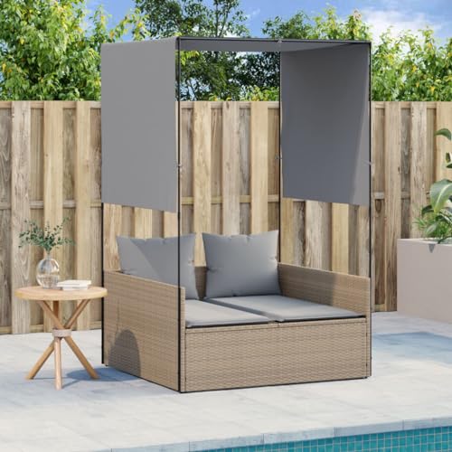 LAPOOH Doppel-Sonnenliege mit Dach und Vorhängen Beige Poly Rattan,...