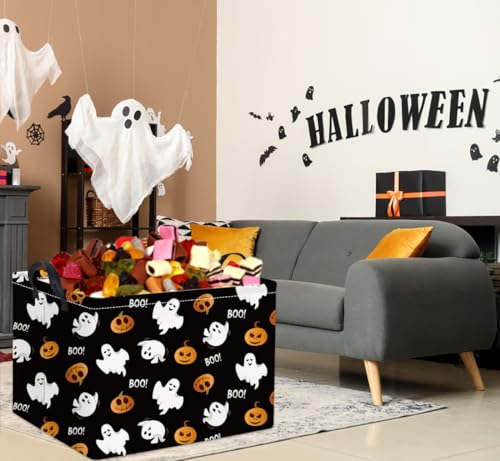 Image of Rectangular Halloween Basket for Kids Cute Pumpkin Basket Storage Bin Organizer Box Room Decor for Halloween Parties(Black Boo)