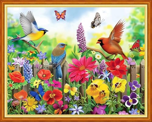 Image of Funchey Stamped Cross Stitch Kits, DIY Cross Stitch Pattern for Adults Beginners Needlepoint Kits Embroidery Kit Arts and Crafts 11CT&The Birds on the Fence 16x20 inch