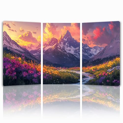 Cuadros Decoracion Salon Modernos, 3 Pcs Marco de Madera Cuadros Flor Posters para Pared Lienzo Pintura Montaña Wall Art Imagen Decoracion Dormitorios Cocina Baño Oficina Pasillo Pared 50x70 cm 1f-646