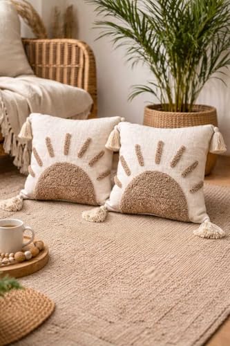 Image of Cushion Cover Pack of 2 (16x16 Inches) | Cotton Textured Decorative Throw Pillow Case for Sofa Bed Living Room Tufted Cushion Cover with Tassels (Brown & Off White)