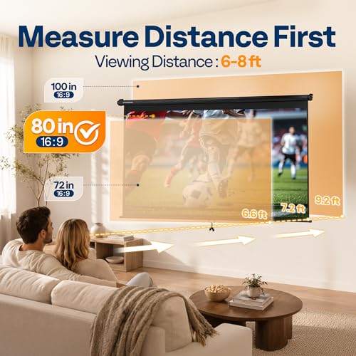Image of VIVOHOME 80 Inch 16:9 Pull Down Projector Screen, Black | Manual Retractable 4K Projection Screen for Home Theater, Roll Up ALR Movie Screen for Ceiling and Wall Mount