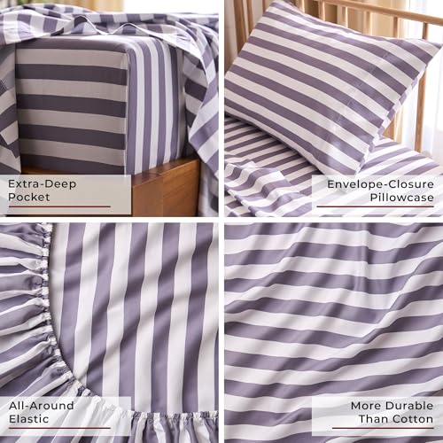 Image of Mellanni Twin Sheets Set - 3 PC Iconic Collection Bedding - Hotel Luxury, Extra Soft, Cooling Bed Sheets - Wrinkle, Fade, Stain Resistant (Twin, Oxford Stripe Hazy Lilac)