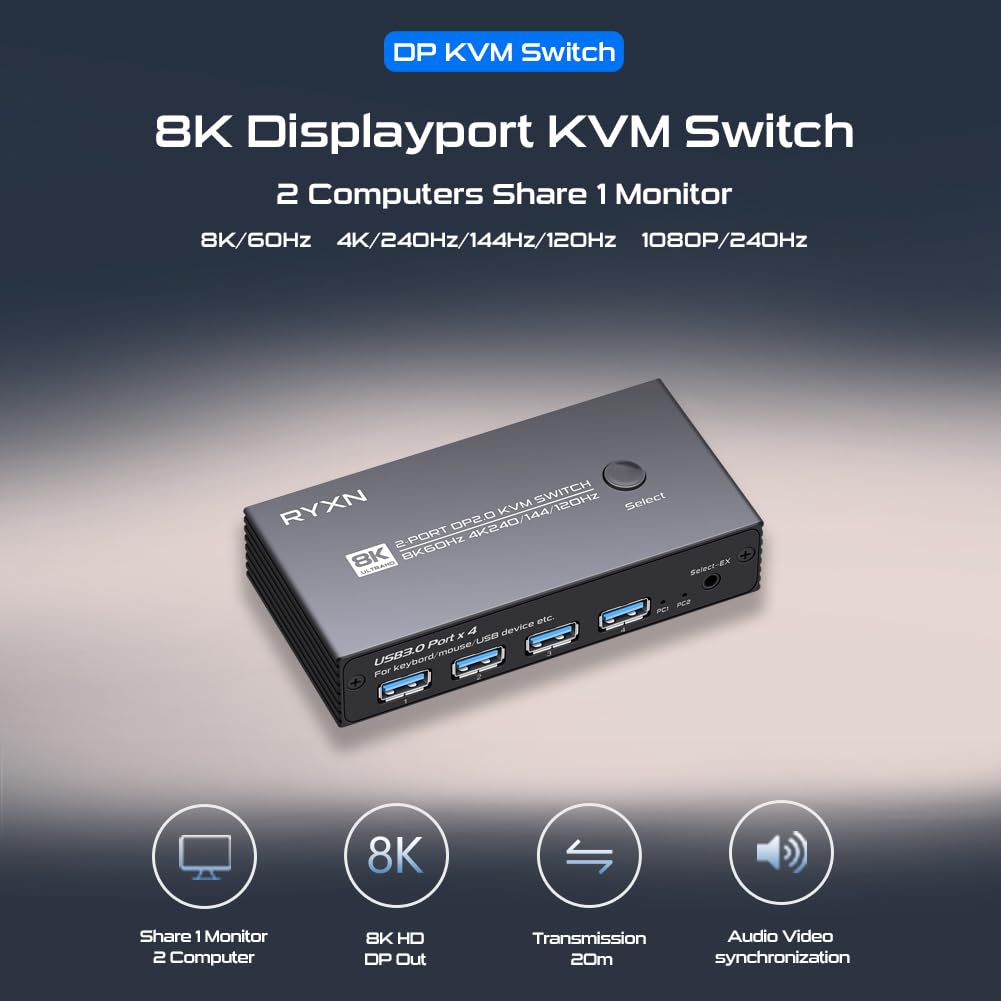 Amazon.com: 8K DP KVM Switch for 1 Monitor 2 Computers