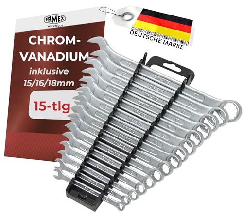 FAMEX 10355-15 Ring Maulschlüssel Set - Gabelringschlüssel Ringmaulschlüssel Schraubenschlüssel Satz - 6-22mm - DIN 3113 - im Werkzeug Halter - 15-tlg. - inkl 15, 16, 18 mm