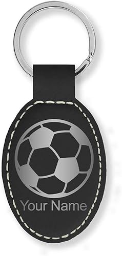 LaserGram Llavero ovalado, pelota de fútbol, grabado personalizado incluido (negro con plata)