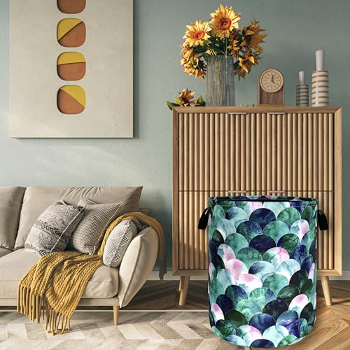 Image of Green Mermaid Scales Laundry Basket Oxford Cloth Hamper 18.9x16.5 Inch