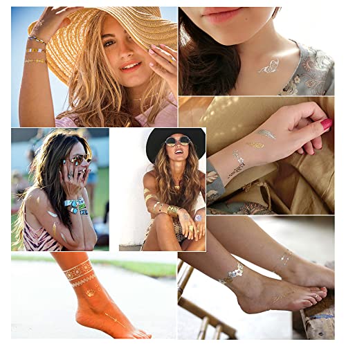 8 Sheets Metallic Gold Temporary Tattoos, Muulaii Shimmer Waterproof Fake Tattoos Long Lasting Gold Silver Glitter Stickers In Bracelets, Back, Wrist And Arm Bands #TOP7