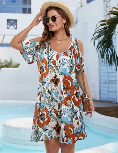 Image of JollieLovin Womens Plus Size Short Sleeve Cold Shoulder V Neck T-Shirt Dress with Pockets