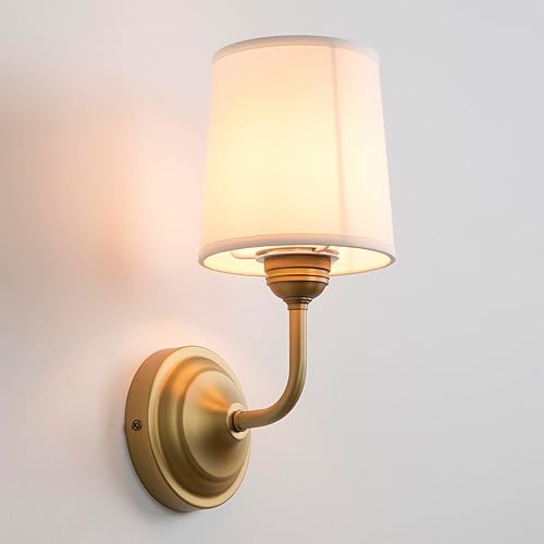 Aplique de pared de tela vintage con embudo, pantalla de tela blanca, E26 cableada para interiores, 1 luz, lámpara de pared para sala de estar,