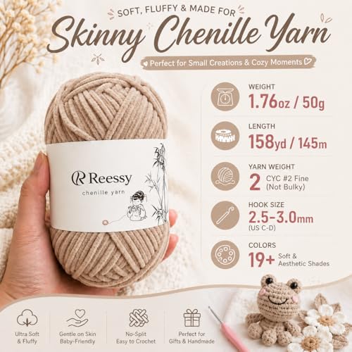 Image of Skinny Chenille Yarn for Crocheting - 12 Pack Soft Matte Fine Chenille, 50g /158yd Each (1896yd Total), CYC #2 Baby Blanket Yarn for Plush Toys, Blankets & Large Projects(Brown Mix)