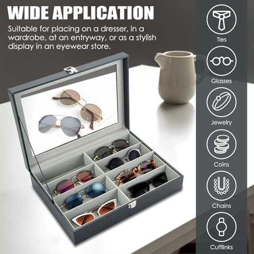 Image of MAOPINER 8 Slot Eyeglass Sunglass Storage Box, Sunglasses Organizer with Clear Glass Display, Black PU Leather Multi Eyeglasses Storage Box for Women Men