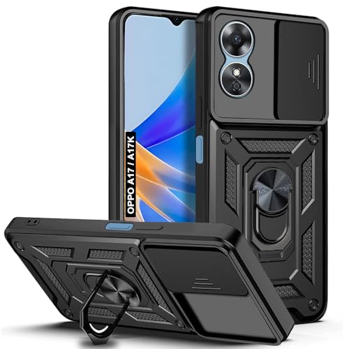Image of AESTMO Tough Armor Oppo A17 / A17K Bumper Back Case Cover | Ring Holder & Sliding Camera Shield Cover | 360 Degree Protection Back Case Cover for Oppo A17 / A17K (Black)