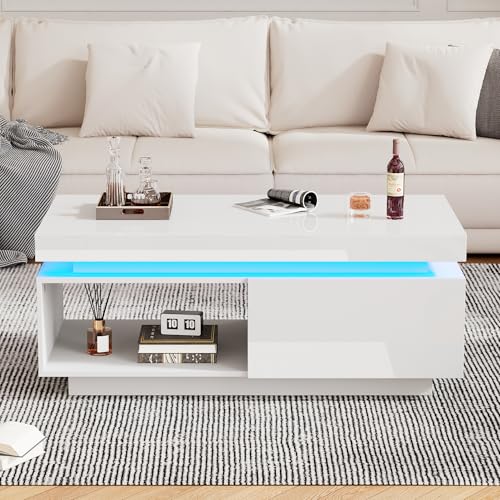 QSOST Table Basse Moderne avec LED et Tiroir, Blanc Laqué Haute Brillance, Meuble de Salon Design, Résistance 50 kg, Dimensions 100x50x40 cm