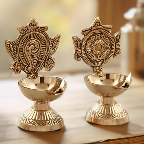 SACCH Brass Shanku Chakra Diya Set for Pooja, Good Luck & Prosperity – Traditional Gold Finish Shankh Chakra Deepam for Mandir, Wealth & Wealth Attraction – Set of 2 (430g, 11cm Height) thumbnail 10