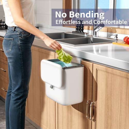 Image of Compost Bin Kitchen for Countertop or Under Sink, 2.6 Gallon Hanging Small Trash Can with Lid, Garbage Can for Cabinet Door, Indoor /outdoor Food Waste Bin for Kitchen, Bathroom, RV, Office, White