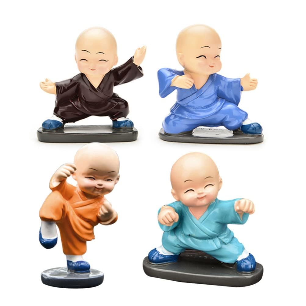 4 Monks Statue Decoration Monk Statue Mini Resin Buddha Figurine Car Dashboard Ornament Feng Shui Decor for Home Desktop Office Car Decor Kung Fu Monk Statue (Labor)