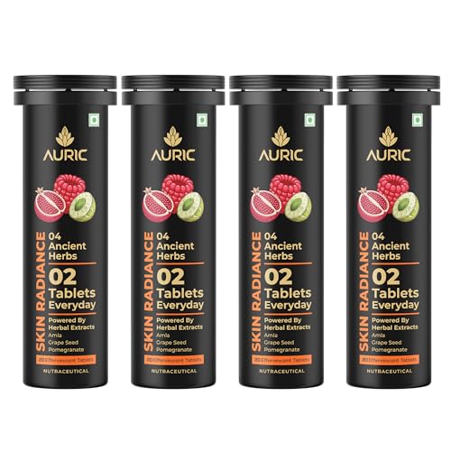 Image of Auric Skin Radiance Glutathione Effervescent 80 Tablets for Skin | With Biotin, Amla, Pomegranate & Grape Seed Extract | Mixed Berries Flavour | Shine 365
