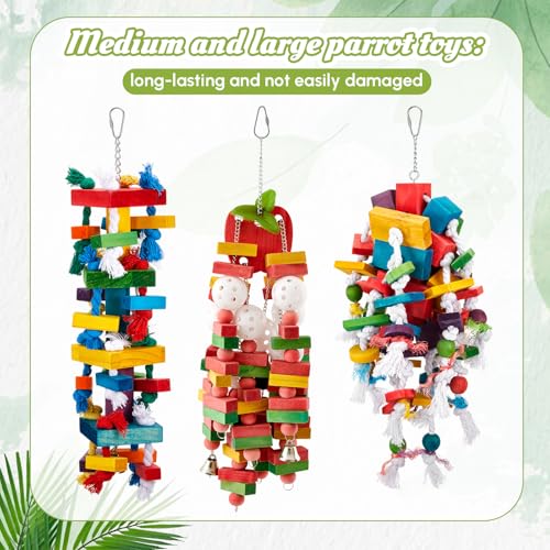 Image of Seenelling 3 Pcs Extra Large Bird Toys for Parrots, Block and Rope | Multicolored Natural Wooden Blocks & Beads Bells, Bird Cage Chewing Toys for Large Medium Macaws African Grey Cockatoos